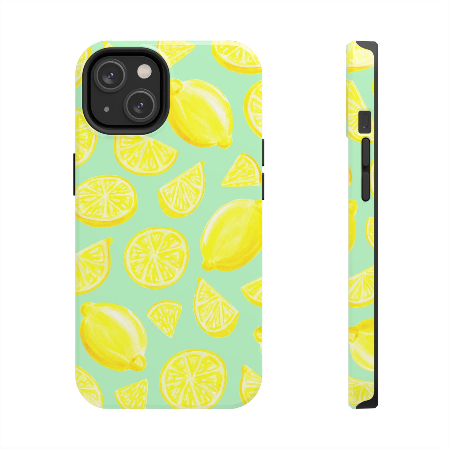Bright Yellow Lemons Watercolor Illustrated Tossed Pattern Mint Green Tough Phone Case | Various Models