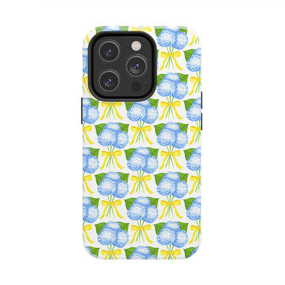 Blue Hydrangea Bouquets with Yellow Bow Ribbon Watercolor Illustrated Patterned Tough Phone Case | Various Models