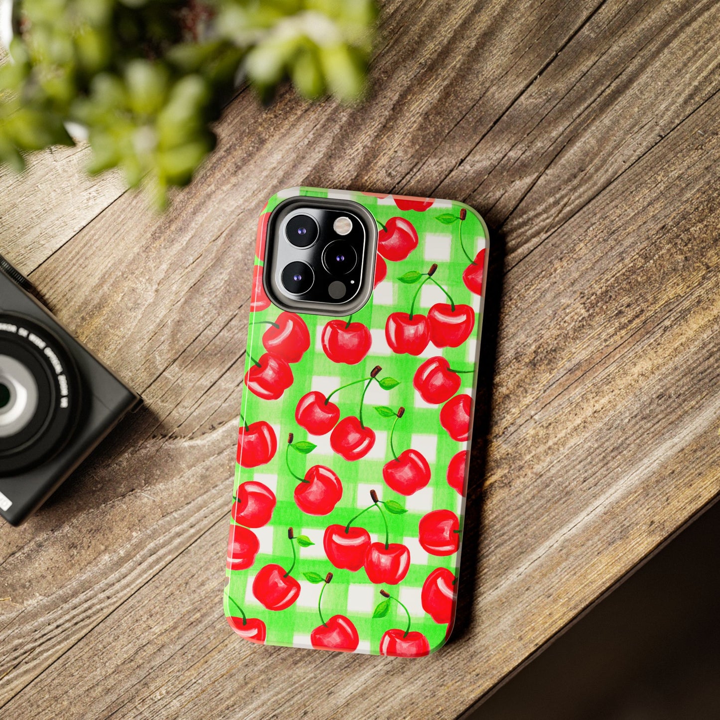 Red Tossed Cherries Green Gingham Watercolor Illustrated Tough Phone Case | Various Models Available