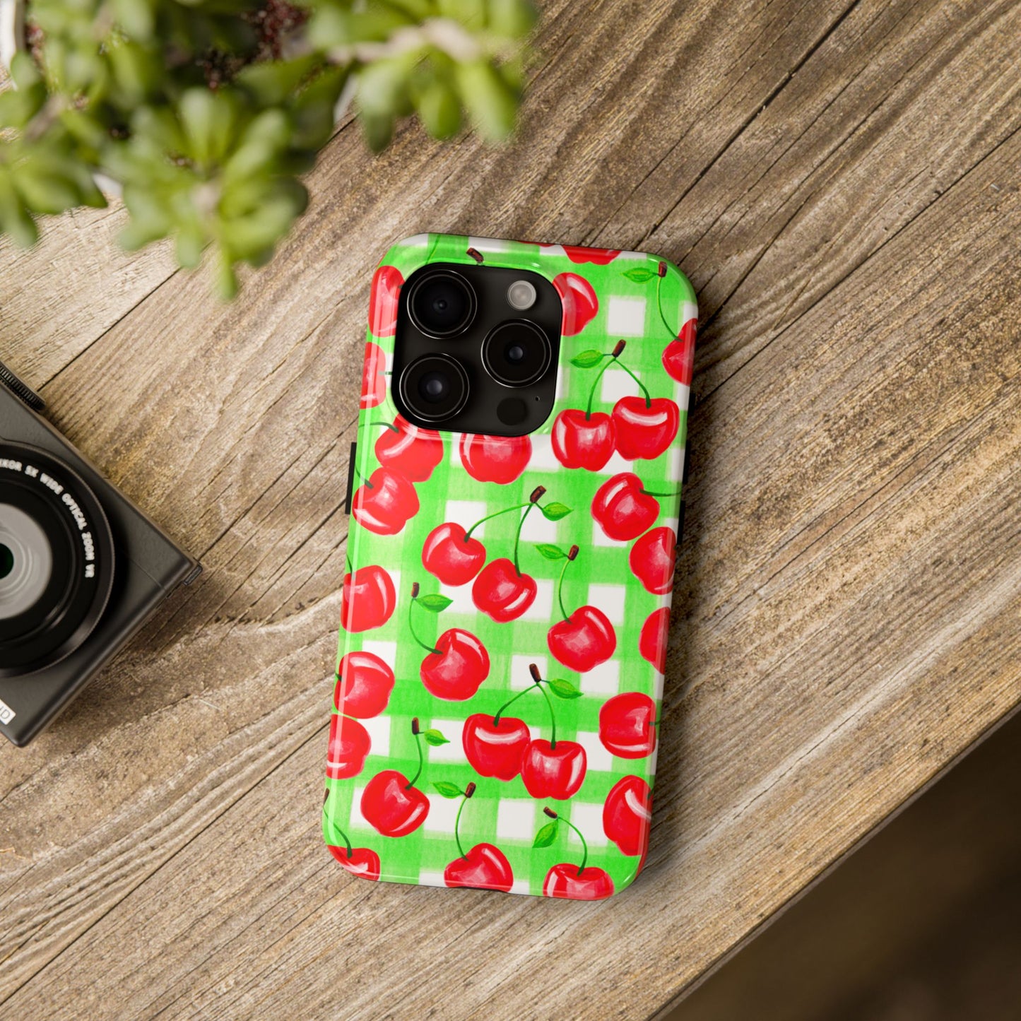 Red Tossed Cherries Green Gingham Watercolor Illustrated Tough Phone Case | Various Models Available