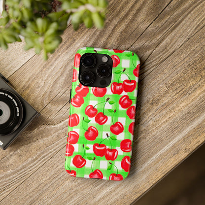 Red Tossed Cherries Green Gingham Watercolor Illustrated Tough Phone Case | Various Models Available