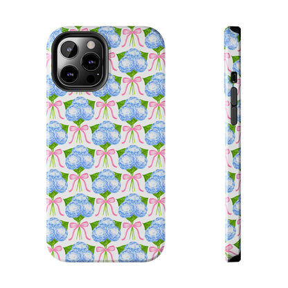 Blue Watercolor Hydrangea Bouqets with Light Pink Bows Watercolor Illustrated Patterned Tough Phone Case | Various Models