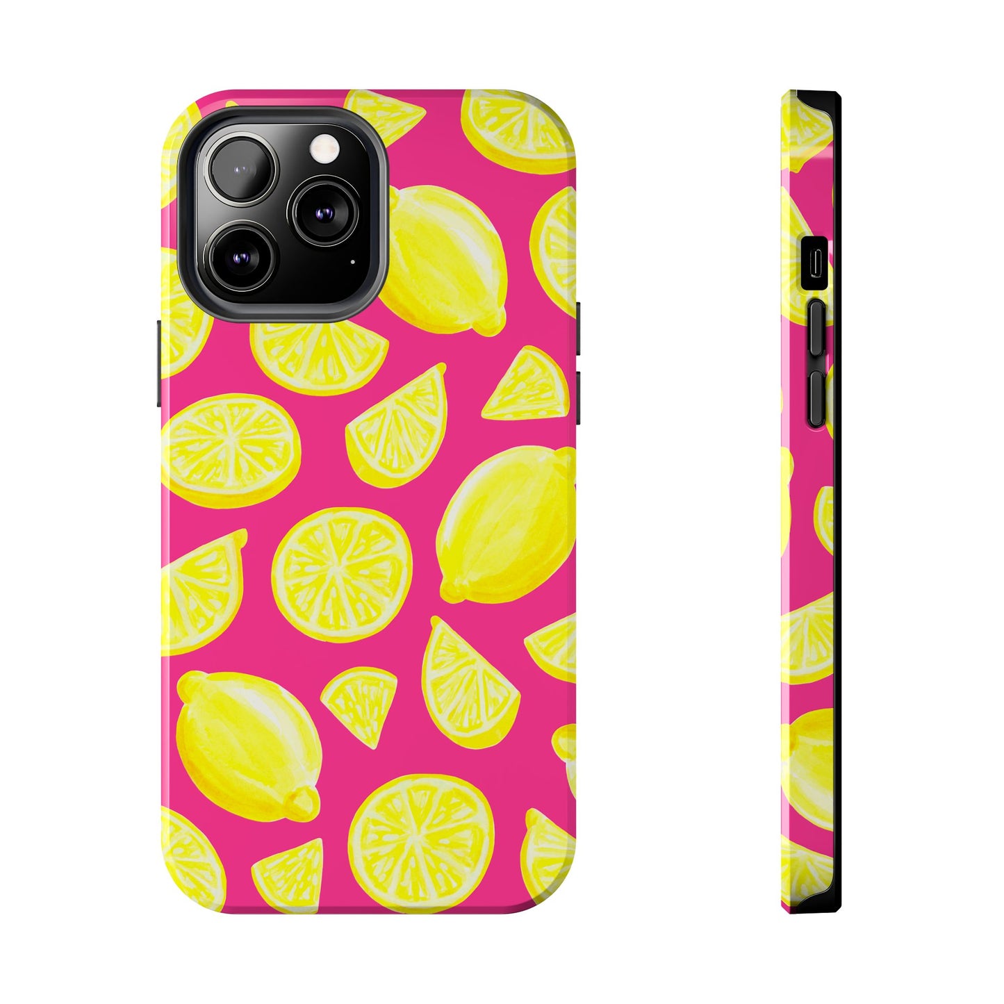 Bright Yellow Lemons Watercolor Illustrated Tossed Pattern Watermelon Pink Tough Phone Case | Various Models