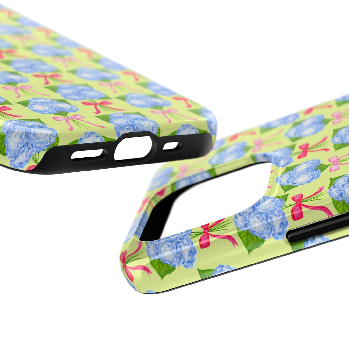Watercolor Blue Hydrangea Bouquets with Hot Pink and Light Pink Bow Ribbons Illustrated Pattern Yellow Tough Phone Case | Various Models