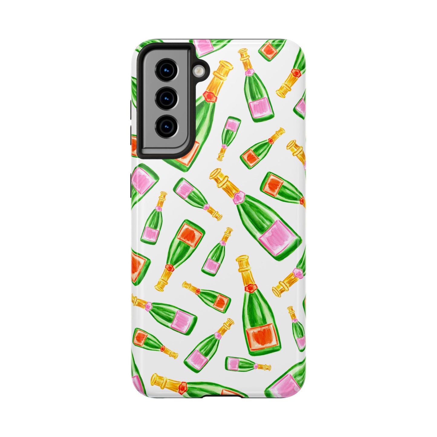 Tossed Pink and Green & Orange and Green Watercolor Illustrated Champagne Bottles Pattern Tough Phone Case | Various Models