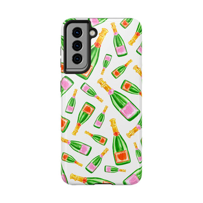 Tossed Pink and Green & Orange and Green Watercolor Illustrated Champagne Bottles Pattern Tough Phone Case | Various Models