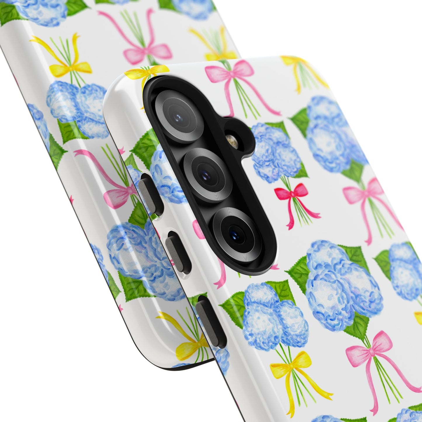 Blue Hydrangeas with Hot Pink, Yellow, Light Pink Bows Watercolor Illustrated Patterned Tough Phone Case | Various Models