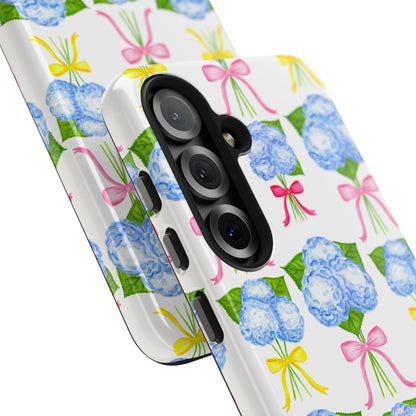Blue Hydrangeas with Hot Pink, Yellow, Light Pink Bows Watercolor Illustrated Patterned Tough Phone Case | Various Models