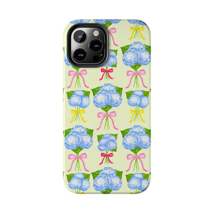 Blue Hydrangeas with Hot Pink, Yellow, Light Pink Bows Watercolor Illustrated Patterned Light Yellow Tough Phone Case | Various Models
