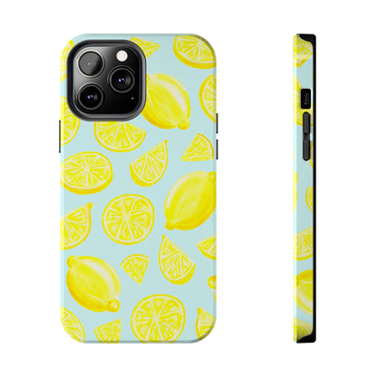 Bright Yellow Lemons Watercolor Illustrated Tossed Pattern Light Blue Tough Phone Case | Various Models
