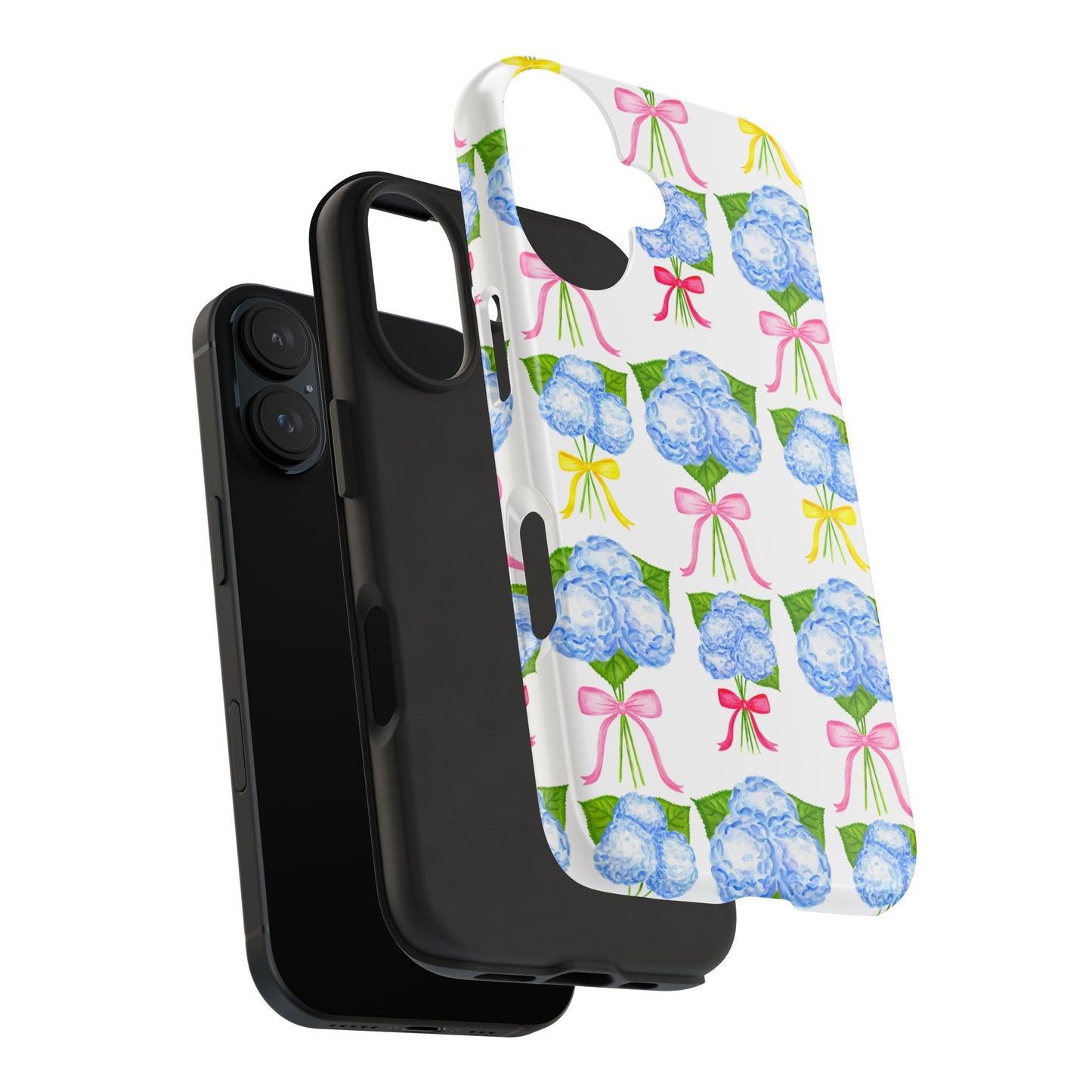 Blue Hydrangeas with Hot Pink, Yellow, Light Pink Bows Watercolor Illustrated Patterned Tough Phone Case | Various Models