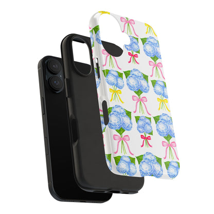Blue Hydrangeas with Hot Pink, Yellow, Light Pink Bows Watercolor Illustrated Patterned Tough Phone Case | Various Models