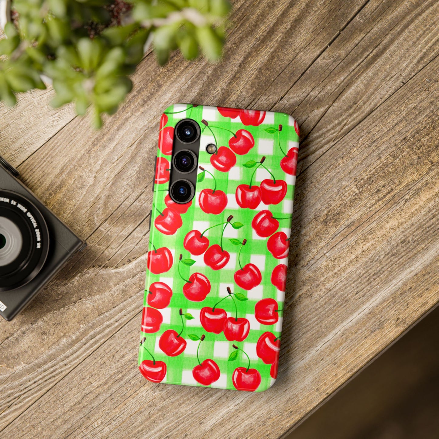 Red Tossed Cherries Green Gingham Watercolor Illustrated Tough Phone Case | Various Models Available