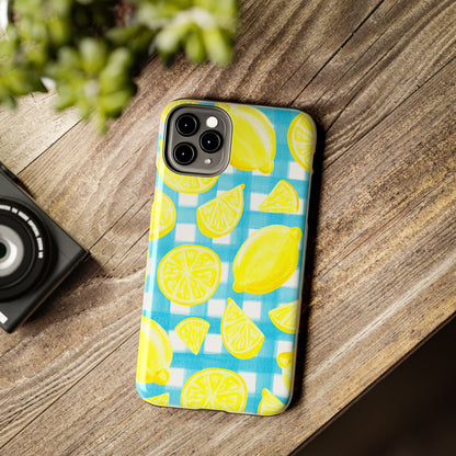 Yellow Lemons & Turquoise Gingham Watercolor Illustrated Tough Phone Case | Various Models Available