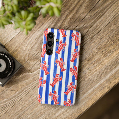 Blue & White Strip Red Lobster Watercolor Patterned Phone Case | Various Models