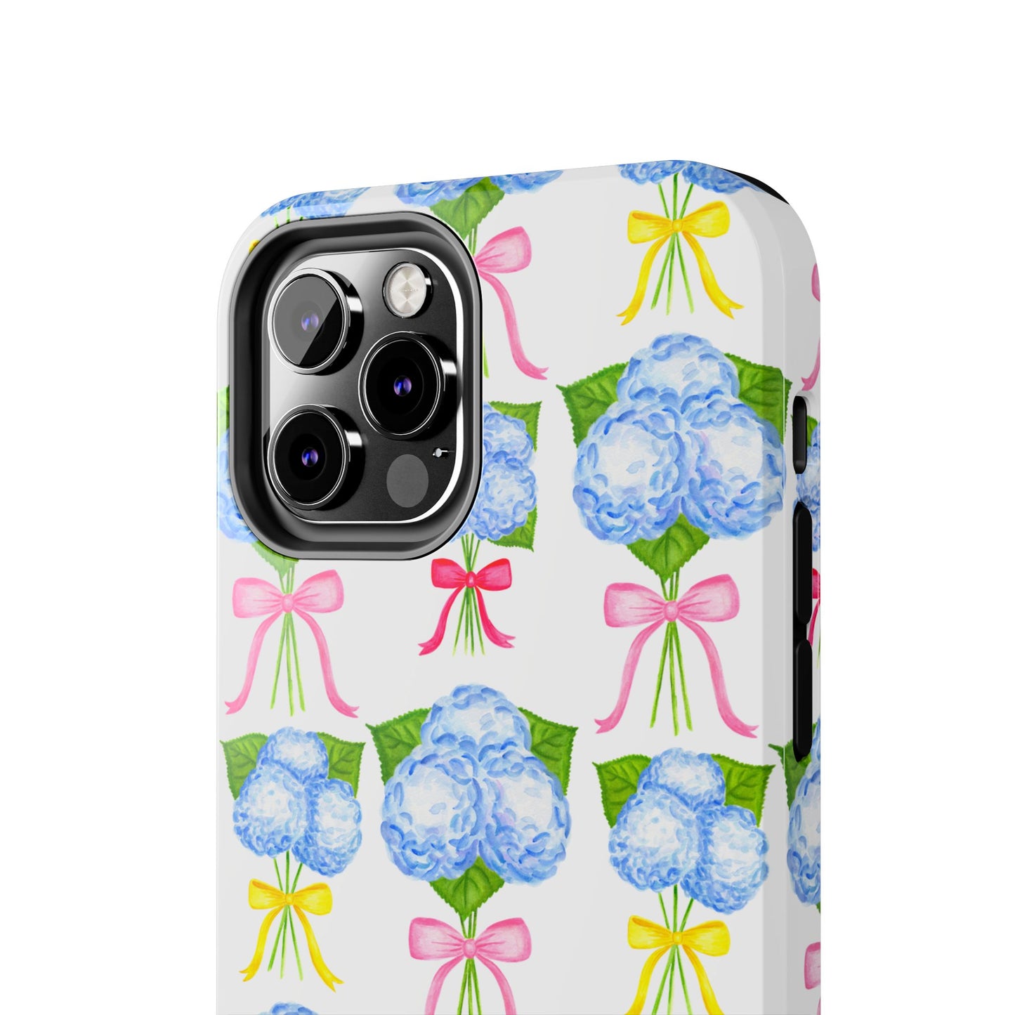 Blue Hydrangeas with Hot Pink, Yellow, Light Pink Bows Watercolor Illustrated Patterned Tough Phone Case | Various Models