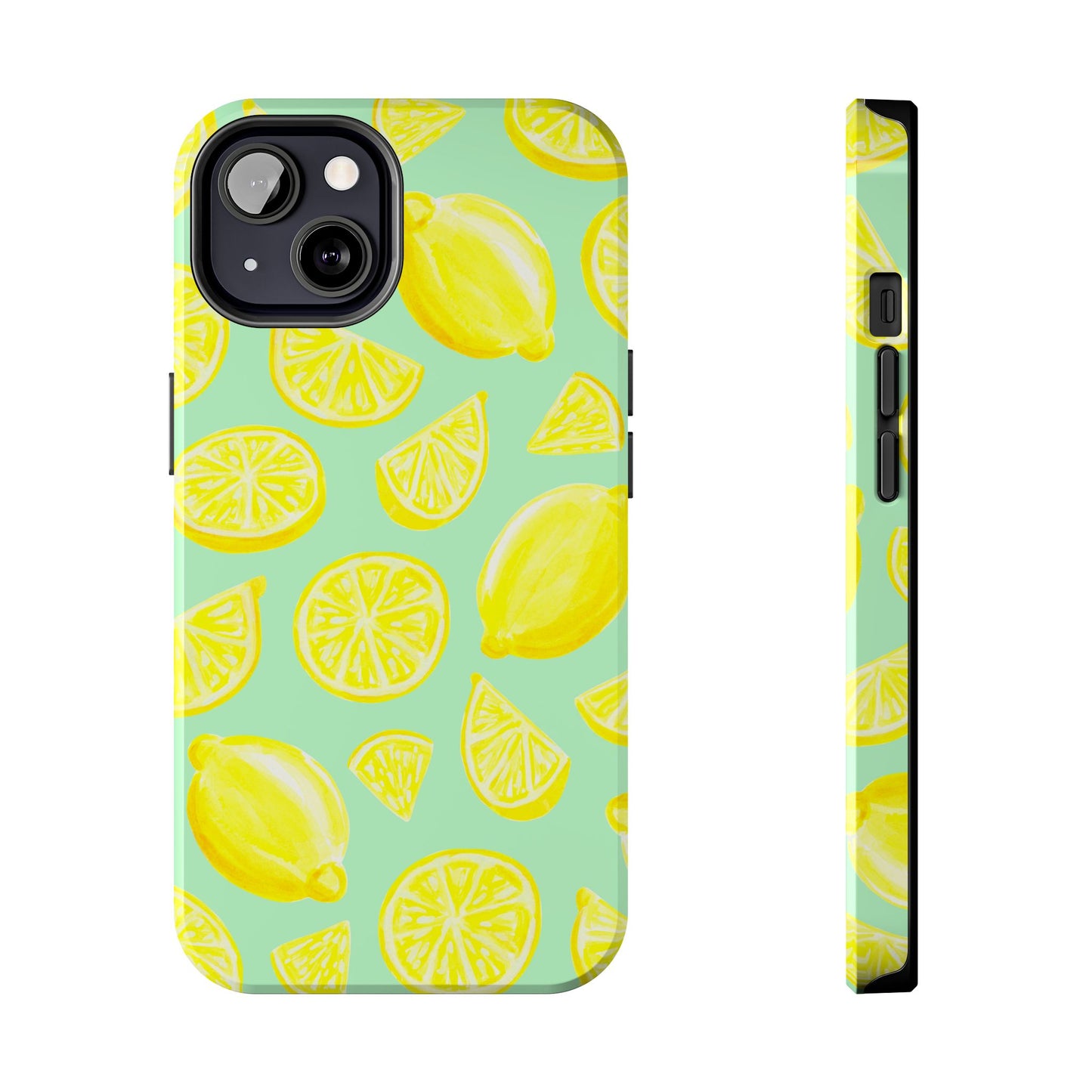 Bright Yellow Lemons Watercolor Illustrated Tossed Pattern Mint Green Tough Phone Case | Various Models
