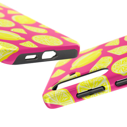 Bright Yellow Lemons Watercolor Illustrated Tossed Pattern Watermelon Pink Tough Phone Case | Various Models