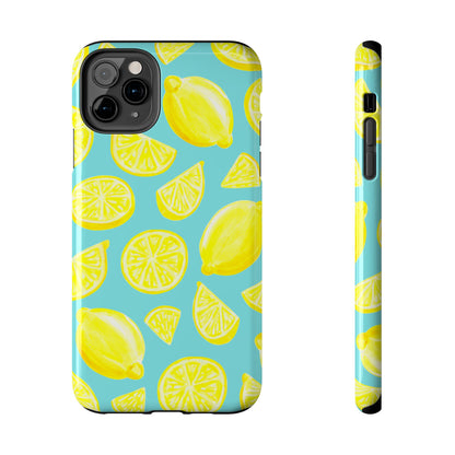 Bright Yellow Lemons Watercolor Illustrated Tossed Pattern Turquoise Blue Tough Phone Case | Various Models