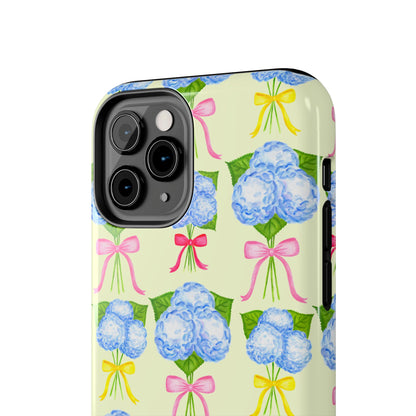 Blue Hydrangeas with Hot Pink, Yellow, Light Pink Bows Watercolor Illustrated Patterned Light Yellow Tough Phone Case | Various Models