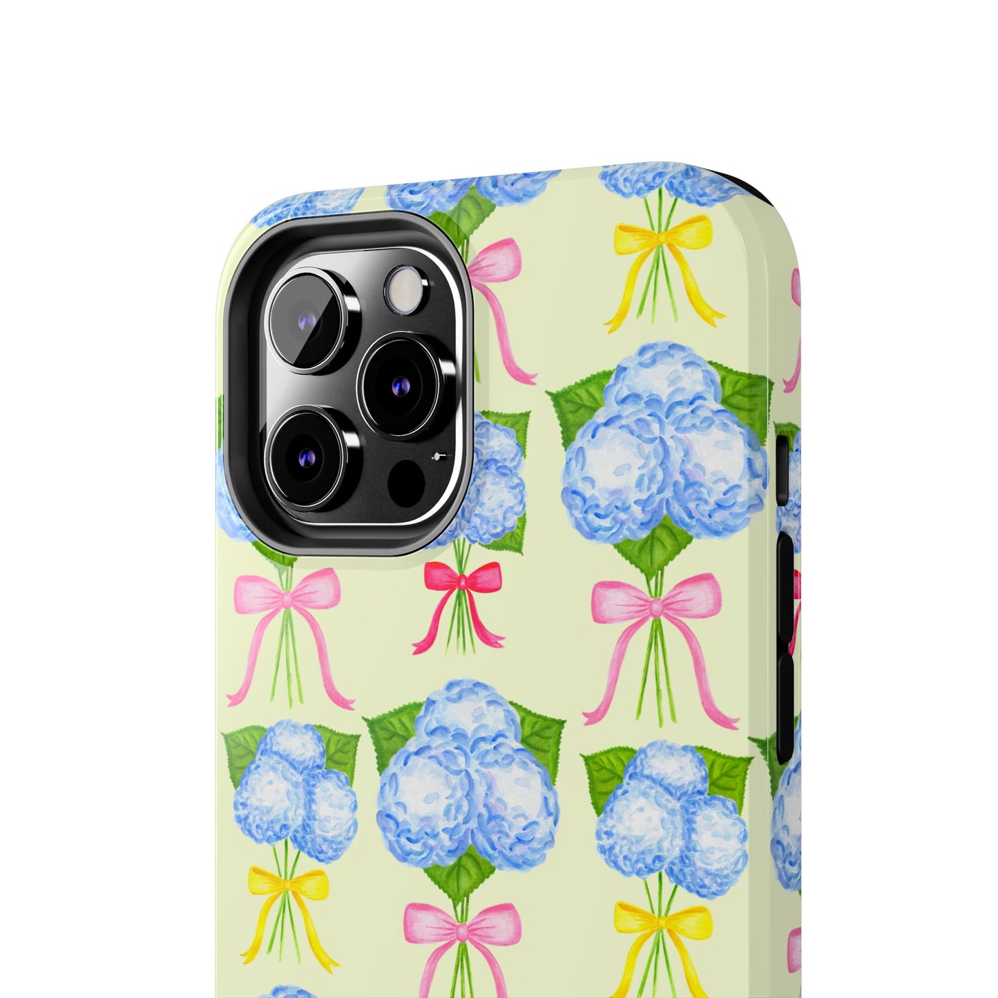 Blue Hydrangeas with Hot Pink, Yellow, Light Pink Bows Watercolor Illustrated Patterned Light Yellow Tough Phone Case | Various Models
