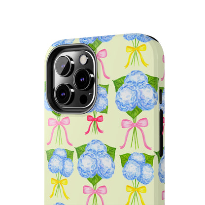 Blue Hydrangeas with Hot Pink, Yellow, Light Pink Bows Watercolor Illustrated Patterned Light Yellow Tough Phone Case | Various Models