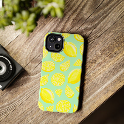 Bright Yellow Lemons Watercolor Illustrated Tossed Pattern Mint Green Tough Phone Case | Various Models