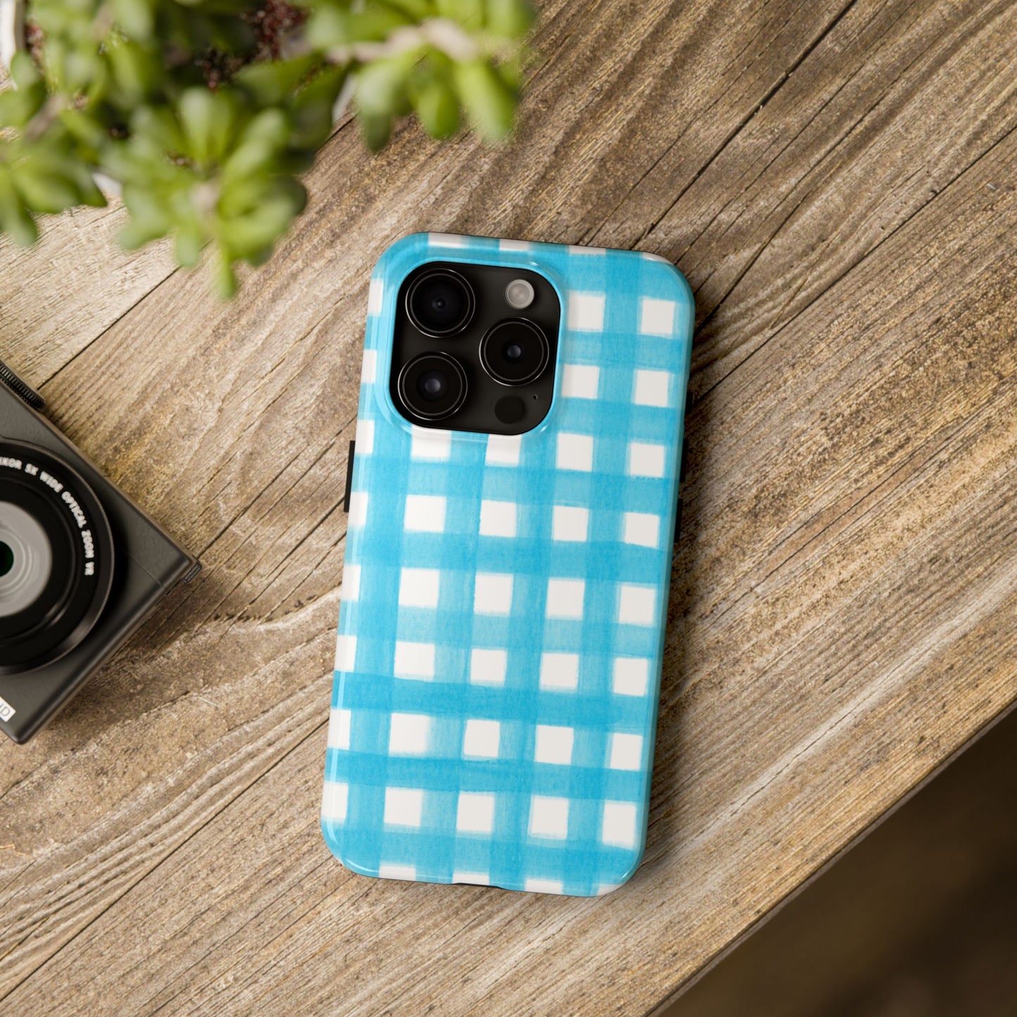 Turquoise Gingham Watercolor Illustrated Tough Phone Case | Various Models Available