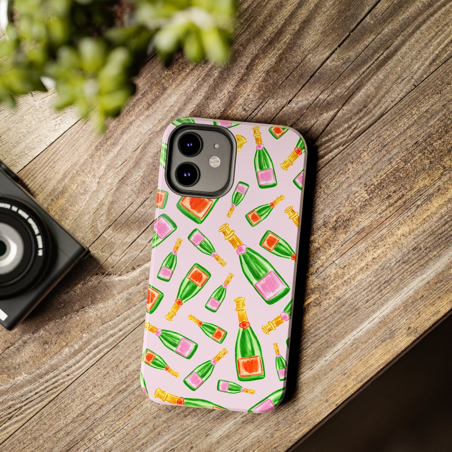 Tossed Pink and Green & Orange and Green Watercolor Illustrated Champagne Bottles Pattern Blush Pink Tough Phone Case | Various Models