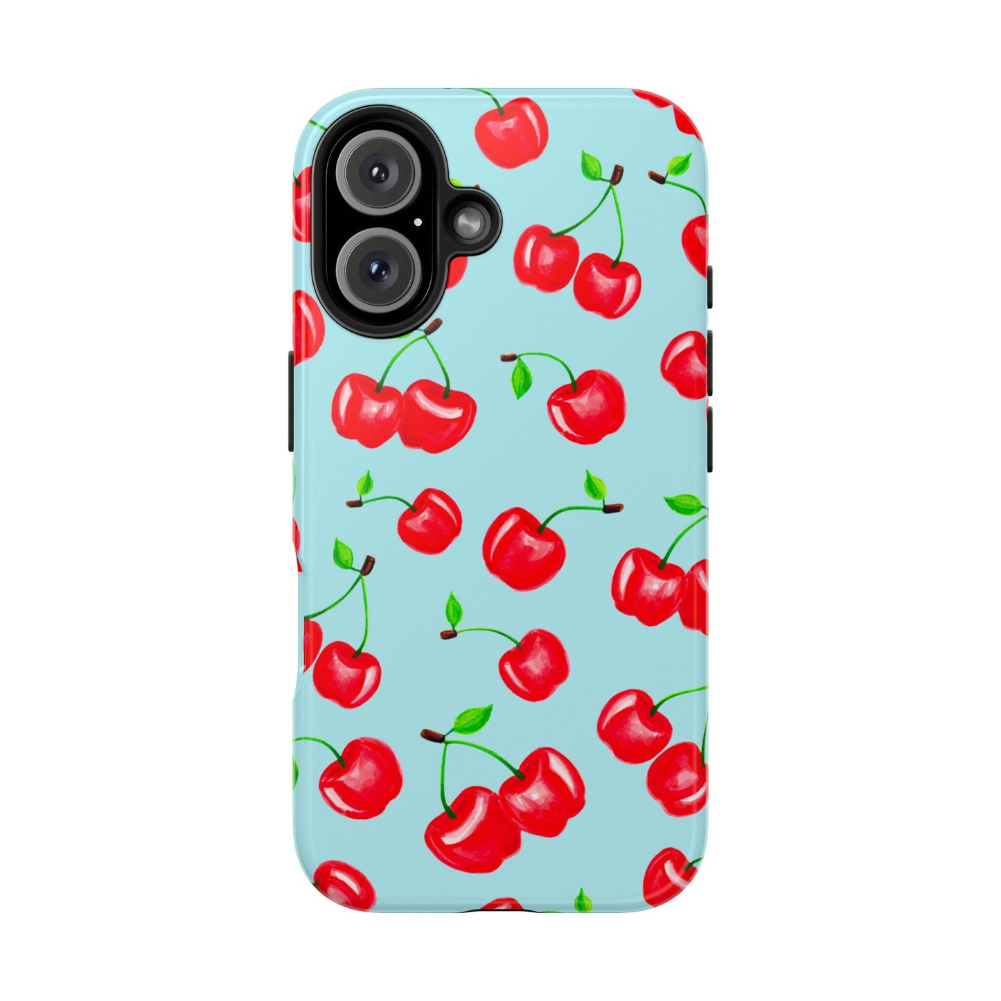 Tossed Red Watercolor Cherries Illustrated Pattern Bright Blue Tough Phone Case | Various Models