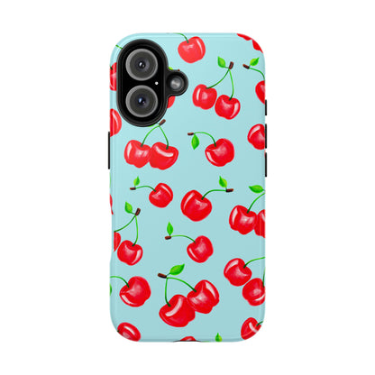 Tossed Red Watercolor Cherries Illustrated Pattern Bright Blue Tough Phone Case | Various Models