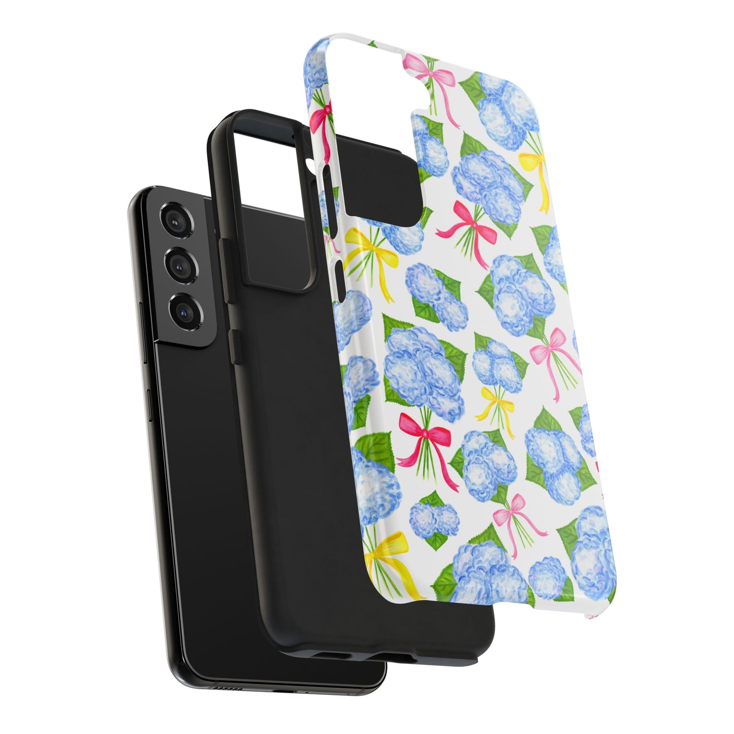 Blue Watercolor Hydrangea Bunches with Hot Pink, Yellow, Light Pink Bows Illustrated Patterned Tough Phone Case | Various Models