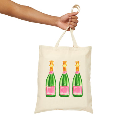 Canvas Book Tote | Trio pink & Green Watercolor Champagne Bottle Farmers Market Tote | Cocktail Bachelorette Gift Hostess