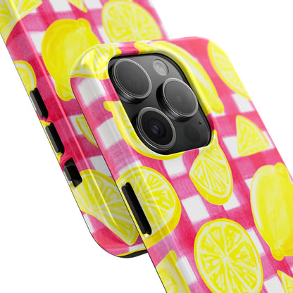 Yellow Lemons & Hot Pink Gingham Watercolor Illustrated Tough Phone Case | Various Models Available