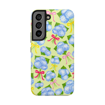 Blue Watercolor Hydrangea Bunches with Hot Pink, Yellow, Light Pink Bows Illustrated Patterned Yellow Tough Phone Case | Various Models