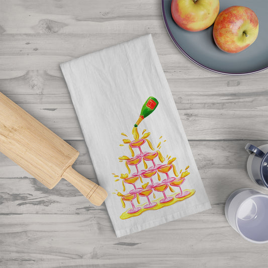 Tea Towel | Pink Coupes Green & Orange Bottle Champagne Tower | Fun Colorful Kitchen Decor | Hostess Gift Bridal Showers, Parties, Gift Idea