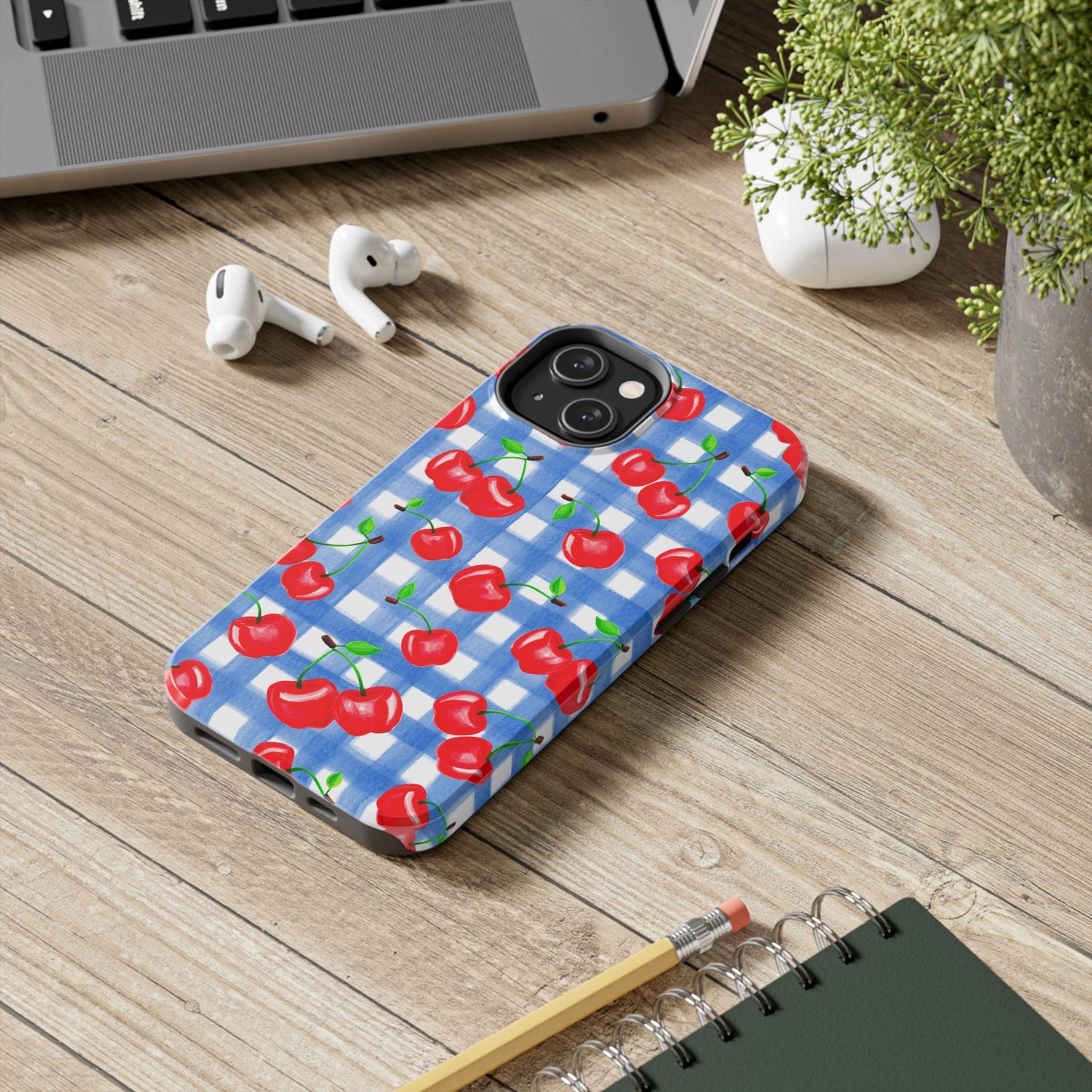 Tossed Red Watercolor Illustrated Cherries Light Blue Gingham Tough Phone Case | Various Models