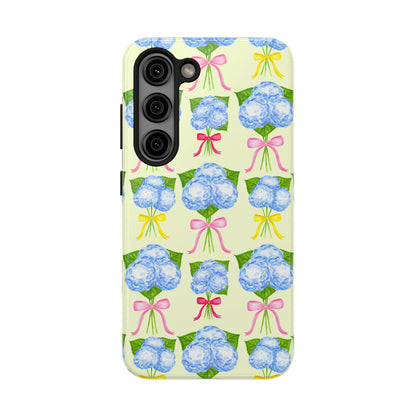Blue Hydrangeas with Hot Pink, Yellow, Light Pink Bows Watercolor Illustrated Patterned Light Yellow Tough Phone Case | Various Models