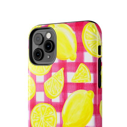 Yellow Lemons & Hot Pink Gingham Watercolor Illustrated Tough Phone Case | Various Models Available