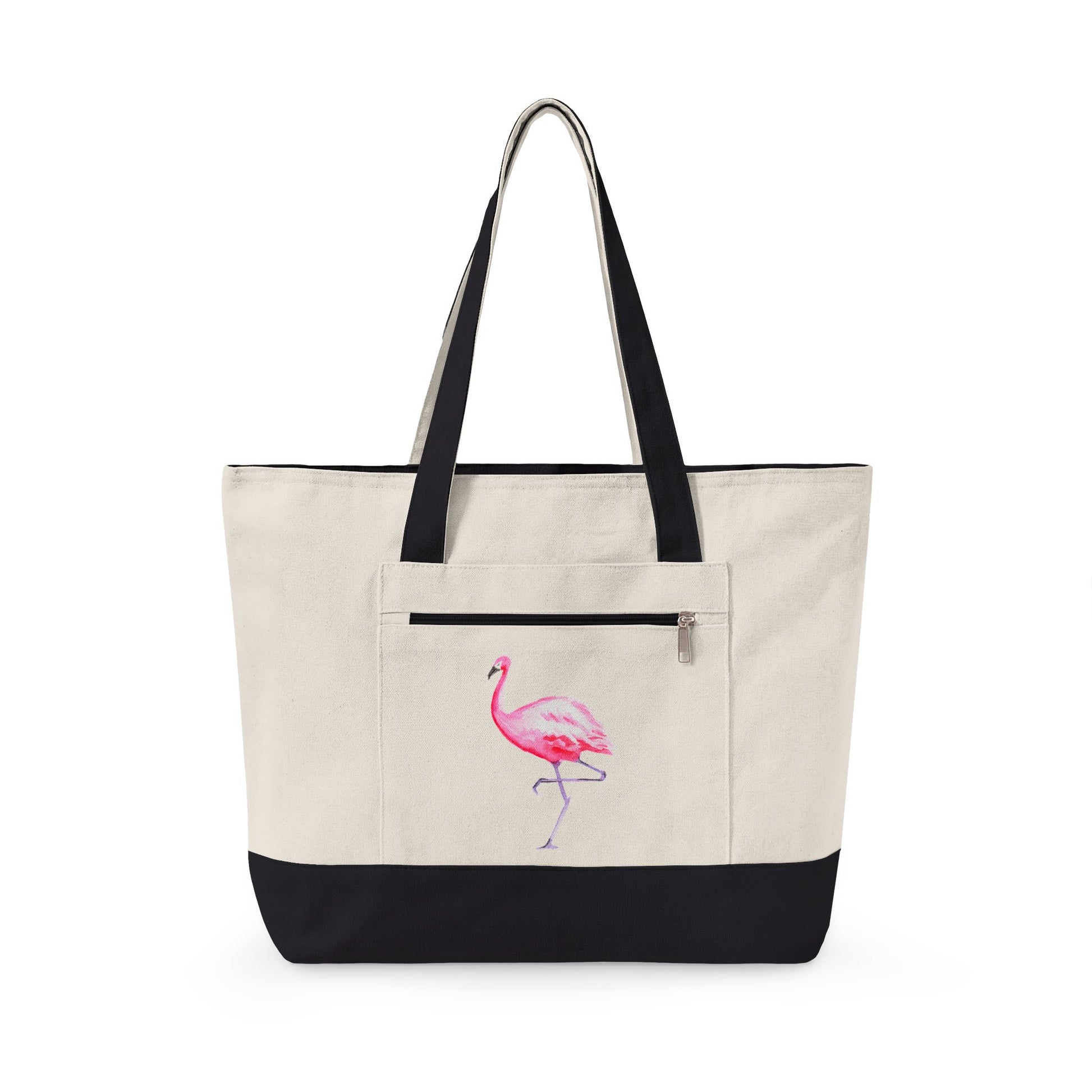 Hot Pink Flamingo Watercolor Printed Zipper Canvas Beach Tote 18" x 14" | Various Colors 18" x 14" x 4.5" Natural Black