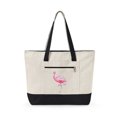 Hot Pink Flamingo Watercolor Printed Zipper Canvas Beach Tote 18" x 14" | Various Colors 18" x 14" x 4.5" Natural Black