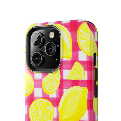 Yellow Lemons & Hot Pink Gingham Watercolor Illustrated Tough Phone Case | Various Models Available