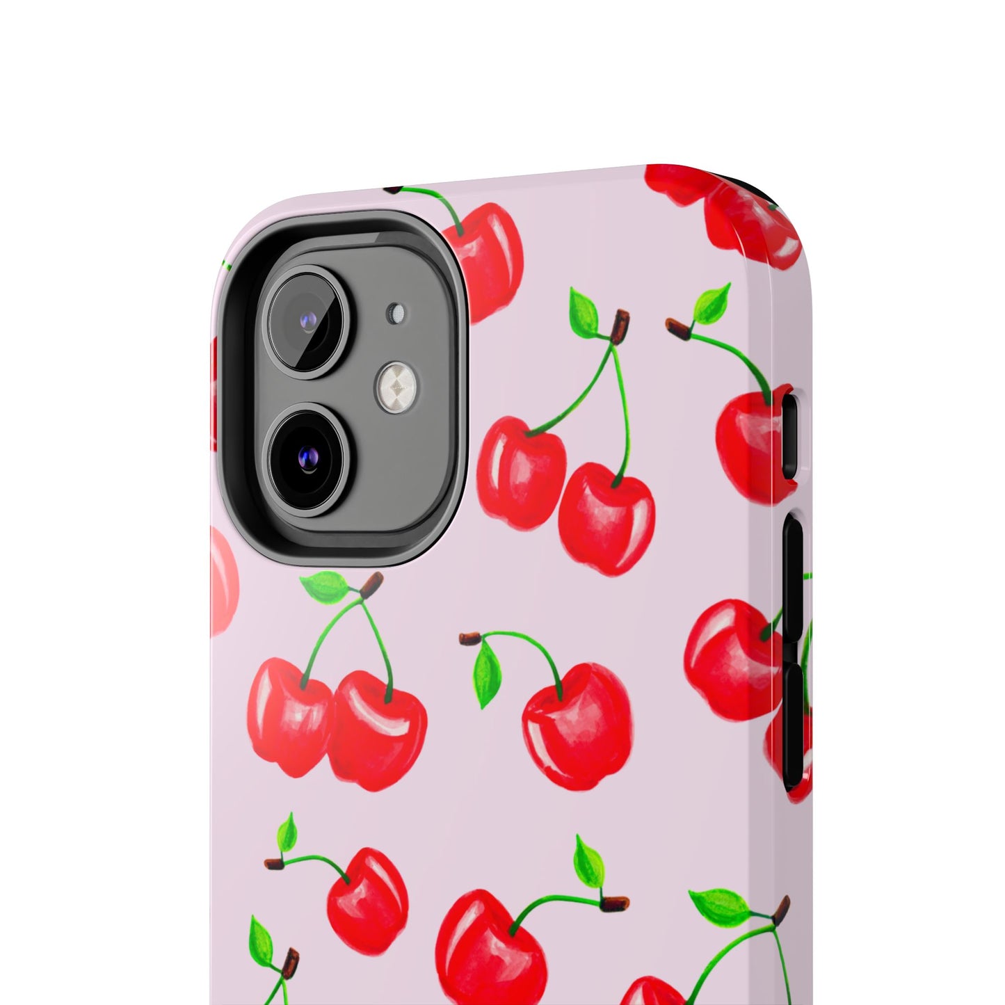 Tossed Red Watercolor Cherries Illustrated Pattern Light Pink Tough Phone Case | Various Models