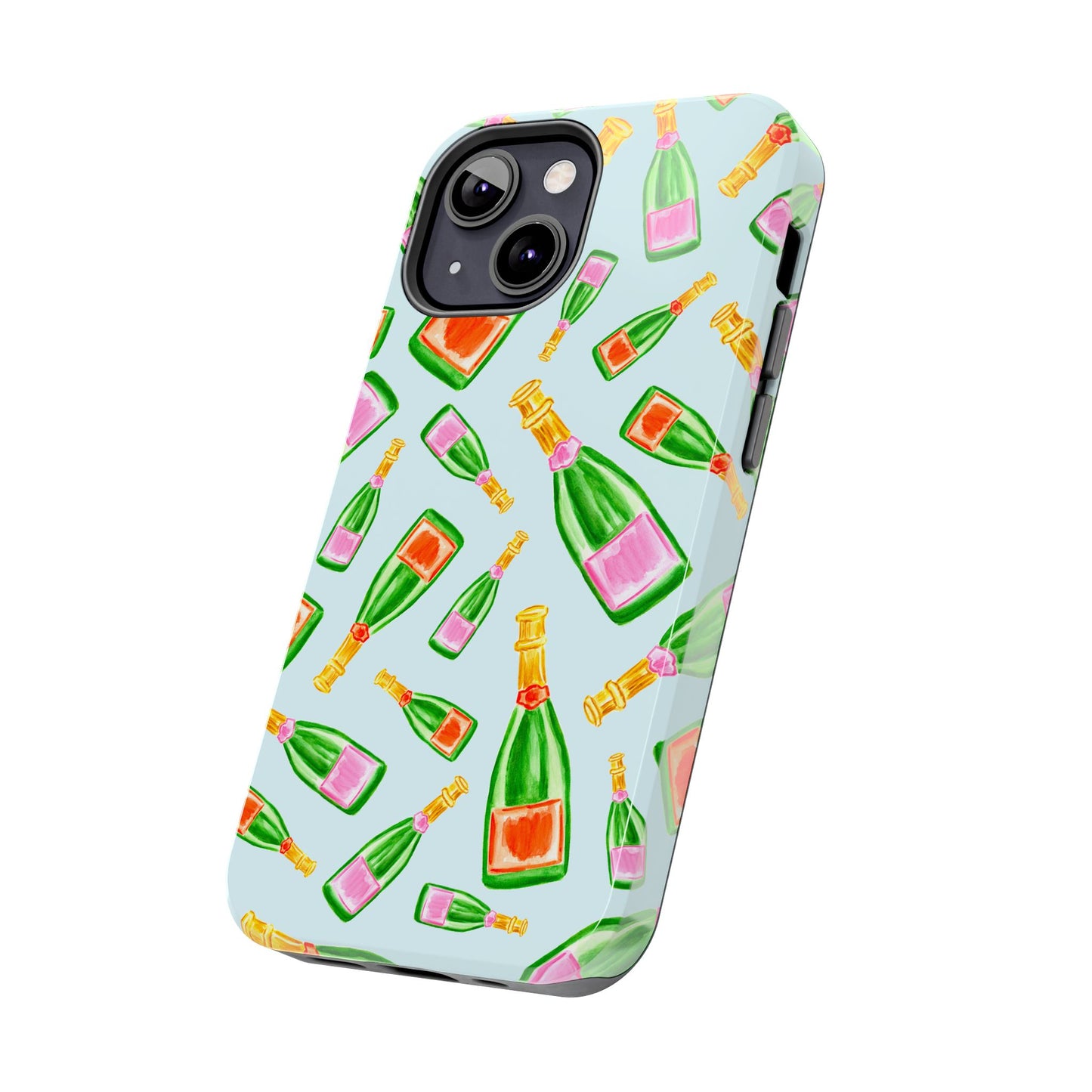 Tossed Pink and Green & Orange and Green Watercolor Illustrated Champagne Bottles Pattern Light Blue Tough Phone Case | Various Models