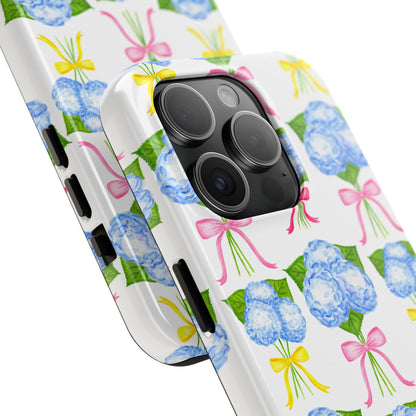 Blue Hydrangeas with Hot Pink, Yellow, Light Pink Bows Watercolor Illustrated Patterned Tough Phone Case | Various Models