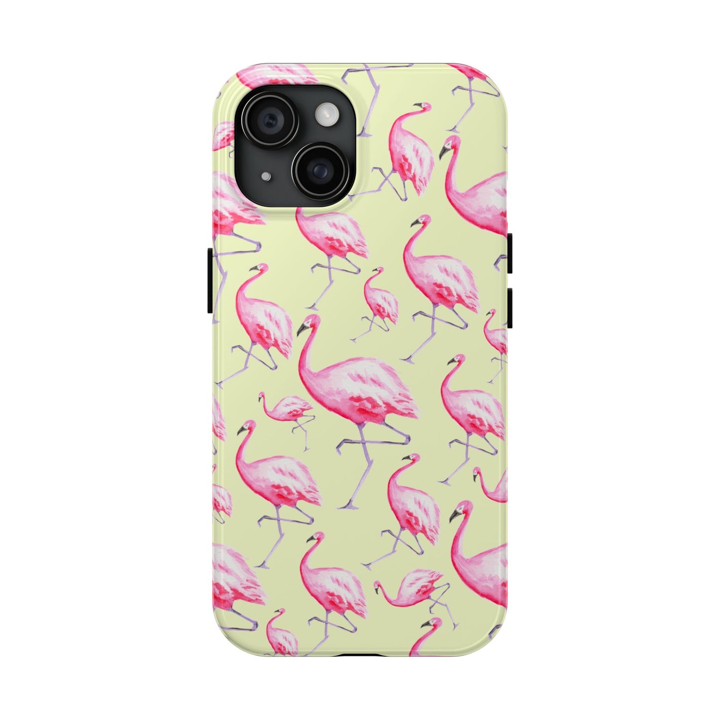 Pink Flamingos Watercolor Illustrated Tossed Pattern Yellow Phone Case | Various Models iPhone 15