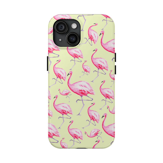 Pink Flamingos Watercolor Illustrated Tossed Pattern Yellow Phone Case | Various Models iPhone 15