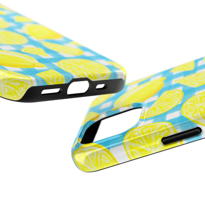 Bright Yellow Lemons Watercolor Illustrated Tossed Pattern Turquoise Gingham Tough Phone Case | Various Models