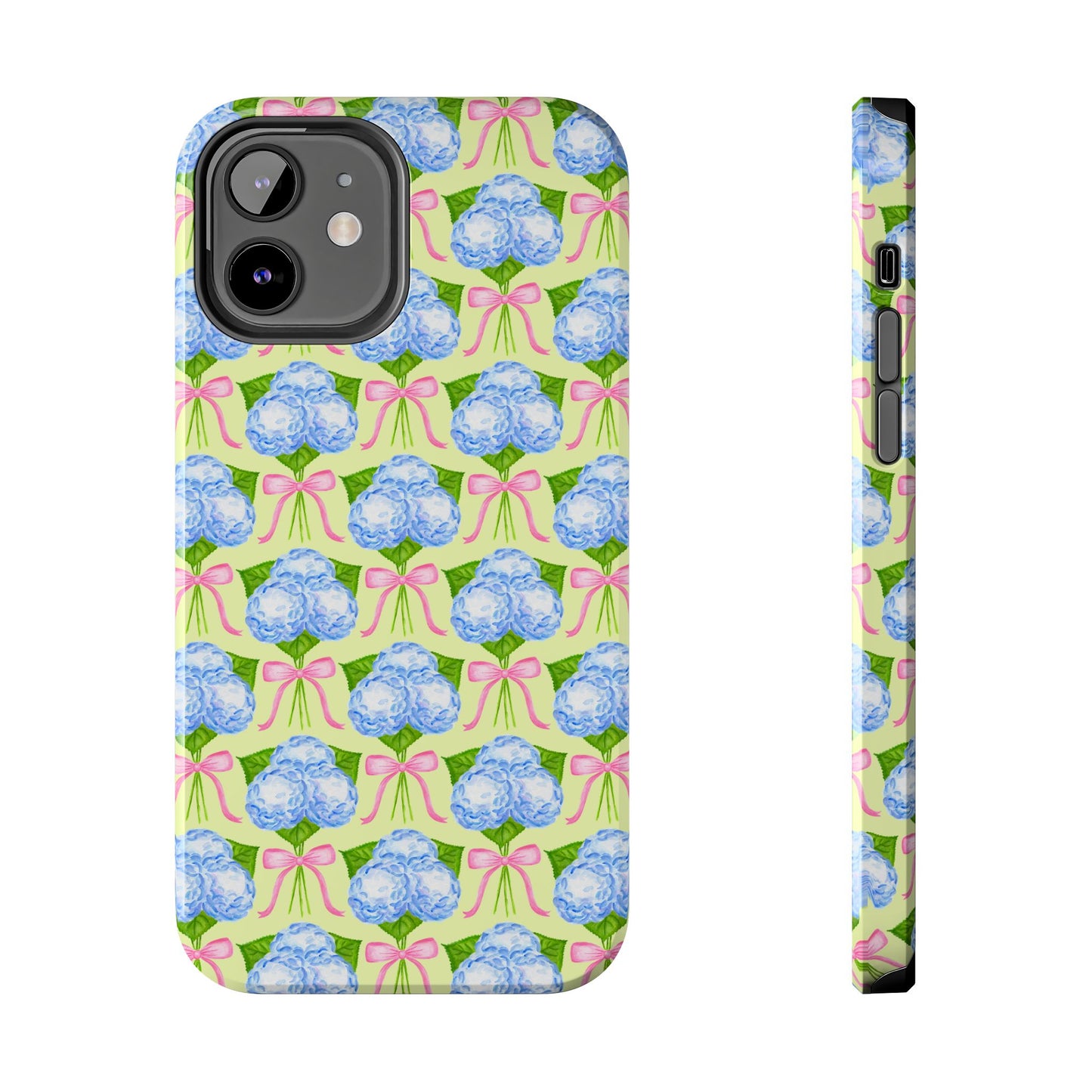 Blue Watercolor Hydrangea Bouquets with Light Pink Bows Watercolor Illustrated Patterned Yellow Tough Phone Case | Various Models