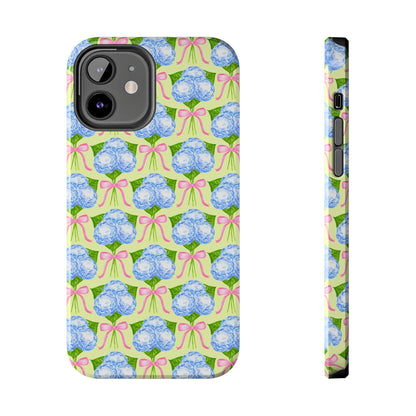 Blue Watercolor Hydrangea Bouquets with Light Pink Bows Watercolor Illustrated Patterned Yellow Tough Phone Case | Various Models